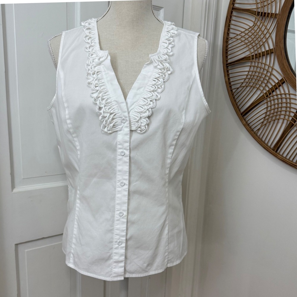 Talbots White Ruffle Sleeveless Blouse Sz 10 Cotton Classic Coastal‎ Cottagecore